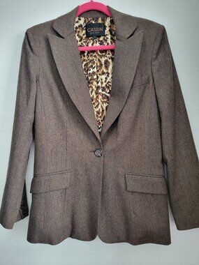 Cassin New York Brown Stripe Wool Women Blazer Jacket - Vintage - Sz 8 - Leopard